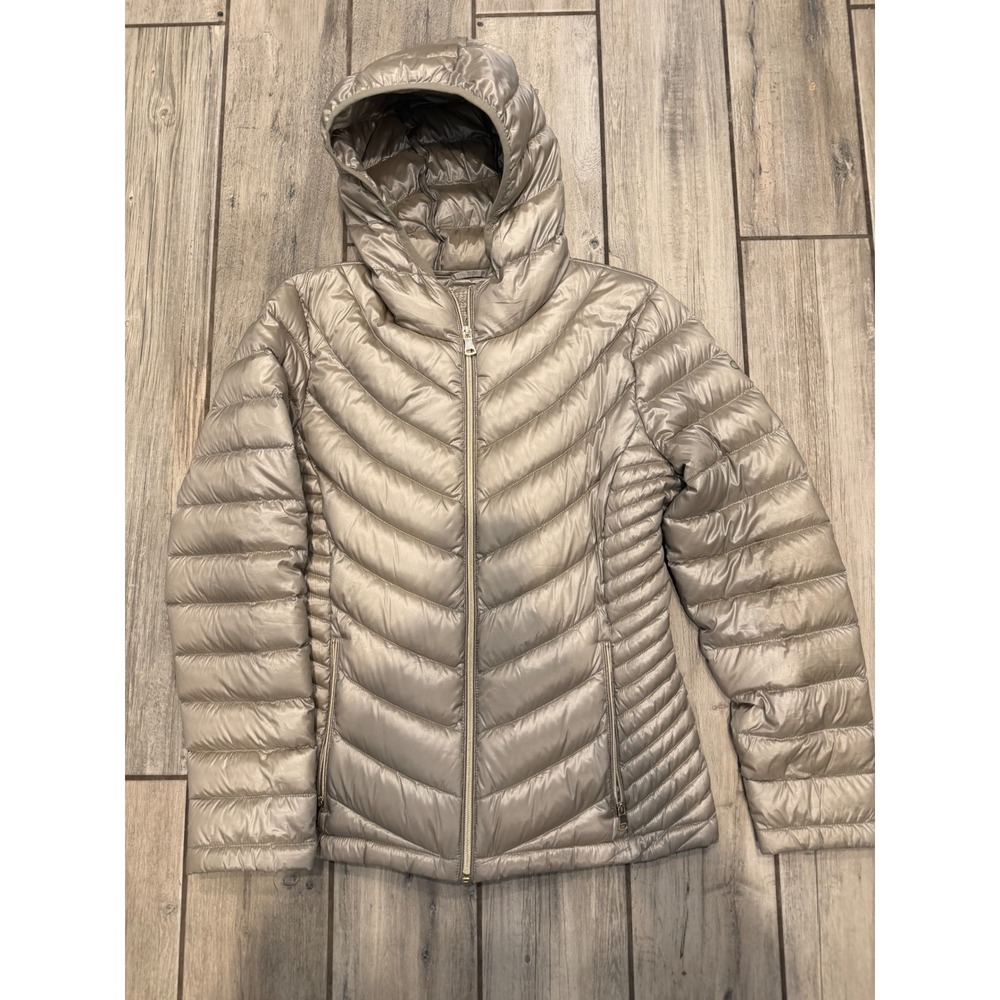 Calvin Klein Womens Packable Premium Down Puffer Jacket Champagne Gold Large